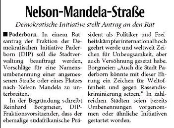 Neue Westfälische 8.2.2014 Antrag der DIP Nelson Mandela Straße/Platz